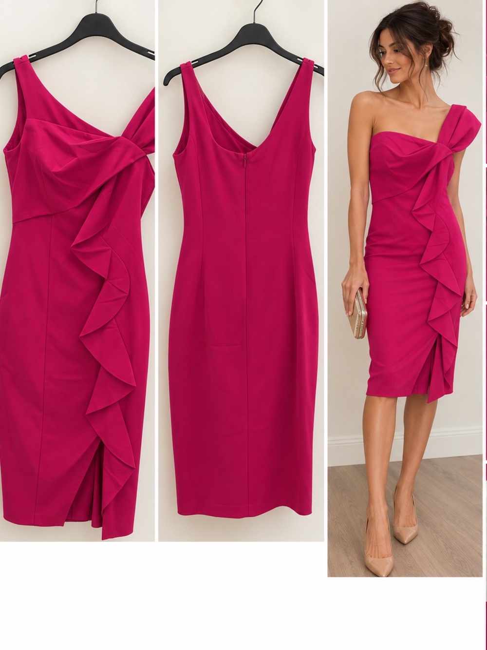 Rachel Riley Fuchsia One-Shoulder Ruffle Midi Dress
